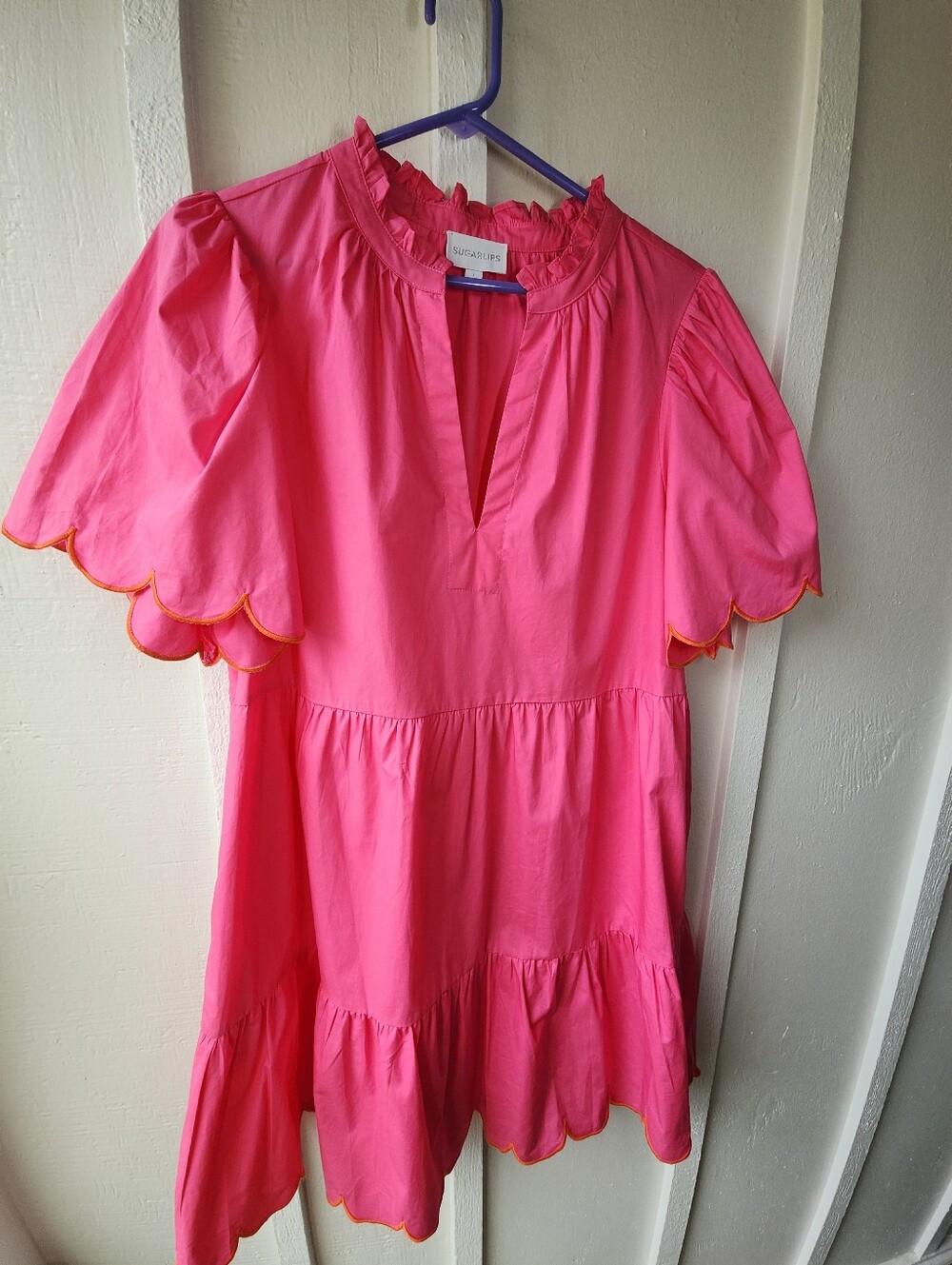 SUGARLIPS Poplin Tiered Scallop Mini Dress Pink Orange Cotton Dress Size Large